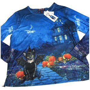 Gloria Vanderbilt Halloween Pictorial Top Black Cat Witch Hat Pumpkins NWT